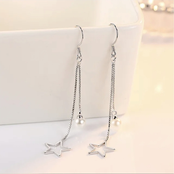 Sterling Silver Dangling Chain Earing for, Women,Star,Pearl,Gift,Teens,Bridal - Picture 2 of 2